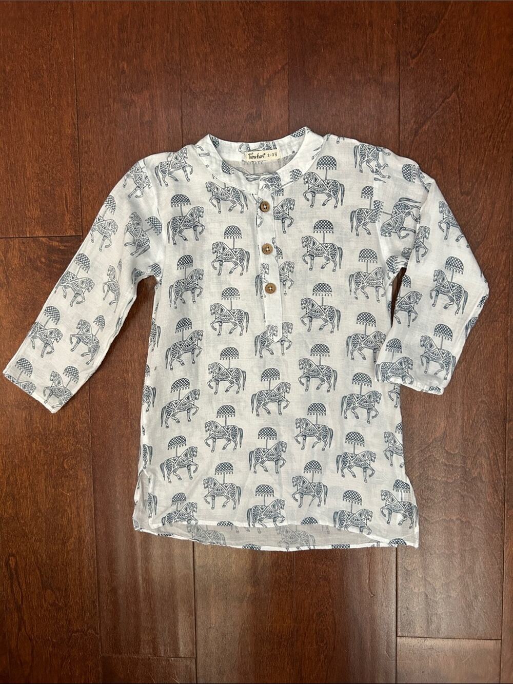 Tura Turi Long Sleeve White Tunic with Navy Horse Print, Lightweight, Size 2-3y